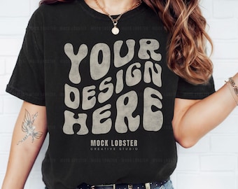 Comfort Colors 1717 Schwarz Mockup | Modell Mockup Studio Foto C1717 Schwarzes Hemd, Übergroßes Comfort Color Tshirt, Retro Trendy Boho Mock-up