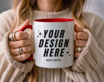 Red Accent Mug Mockup | Red Handle Mug Model Mock-Up, 11oz Two-Tone Ceramic Colorful Mug Neutral Cozy Boho Aesthetic Coffee Cup Mockup
