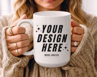 White Mug Mockup | 15oz Ceramic Coffee Mug Model Mock-Up, Neutral Cozy Boho Aesthetic Mug Mockup, White Coffee Cup Retro Sweater POD Mockup