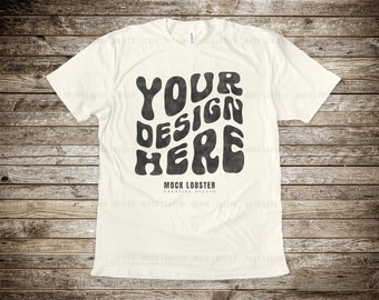 Bella Canvas 3001 Natural Mockup | Flat Lay Masculine Style Rustic Wood Floor T-Shirt Mock-Up | Mens Tee, Unrolled Open Sleeves