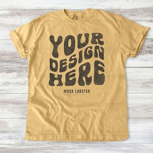 Comfort Colors 1717 Mustard Mockup | Flat Lay Comfort Color C1717 T-Shirt Mock-Up | Trendy Natural Wood Floor Flatlay Canva TShirt Mock