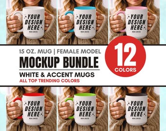 Mug Mockup Bundle | 15oz White & Accent Mug Model Mock-Up Bundle | Two Tone Color Handle Ceramic Mug w/ Color Inside | Coffee Colorful Mugs