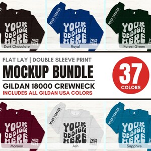 May include: Mockup bundle of 37 Gildan 18000 crewneck sweatshirts in various colors. The sweatshirts are flat lay with double sleeve print and feature the text "Your Design Here".