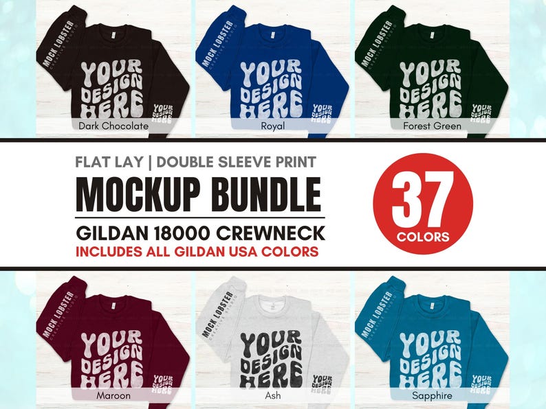 May include: Mockup bundle of 37 Gildan 18000 crewneck sweatshirts in various colors. The sweatshirts are flat lay with double sleeve print and feature the text "Your Design Here".