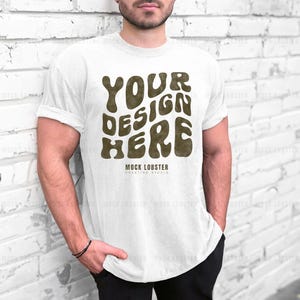 Comfort Colors 1717 Male Mockup White | Model Mock-Up Urban Photo C1717 White Mens Shirt, Manly Mock Tshirt, White Brick Wall