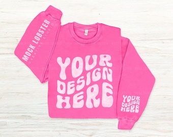 Gildan 18000 Sleeve Mockup Safety Pink Flat Lay Sweatshirt | Left & Right Sleeve Print Flatlay Mock-Up, Gildan G180 Crew Floor Fold Mock