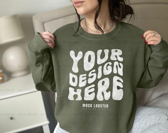 Gildan 18000 Military Green Sweatshirt Mockup | Real Model Mock-Up G180 Crewneck Sweater | Neutral Casual Cozycore Simple Oversized Mock