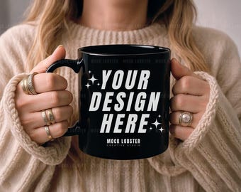 Black Mug Mockup | 11oz Ceramic Coffee Mug Model Mock-Up, Neutral Cozy Boho Aesthetic Mug Mockup, Black Coffee Cup Retro Sweater POD Mockup