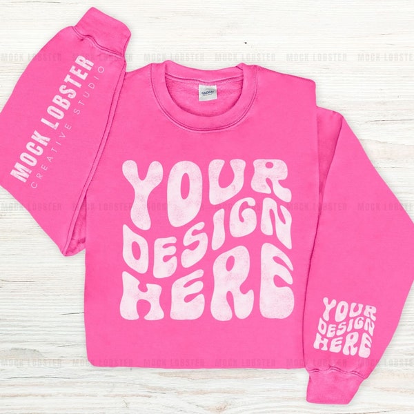 Gildan 18000 Sleeve Mockup Safety Pink Flat Lay Sweatshirt | Left & Right Sleeve Print Flatlay Mock-Up, Gildan G180 Crew Floor Fold Mock