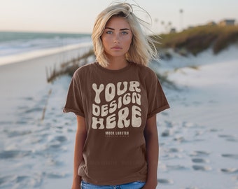Espresso Comfort Colors 1717 Summer Beach Mockup | Travel Vacation Holiday CC1717 Female Model Oversized T-Shirt Mock-Up, Casual Mocks