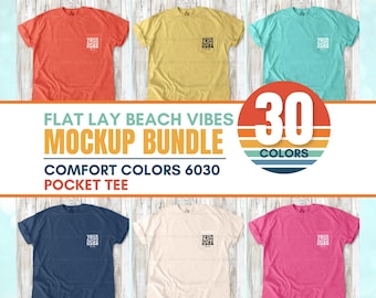 Comfort Colors 6030 Mockup Bundle | Pocket Tee Flat Lay C6030 Summer Beach Vibes, Boho Wood Floor T-Shirt Mock-Up Bundle, Flatlay Mocks
