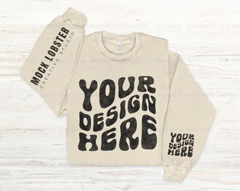 Gildan 18000 Sleeve Mockup Sand Flat Lay Sweatshirt | Both Left & Right Sleeve Print Flatlay Mock-Up, Gildan G180 Crew Floor Folded Mock