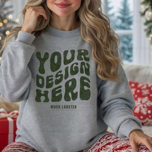 Gildan 18000 Sport Grey Sweatshirt Mockup | G180 Cozy Casual Holiday Oversize Christmas Crewneck | Trendy Neutral Winter Model Mock-up