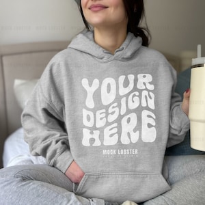 Gildan 18500 Hoodie Mockup Sport Grey | Real Model Mock-Up G185 Hooded Sweatshirt & Stanley Tumbler Cup | Neutral Casual Cozycore Mock