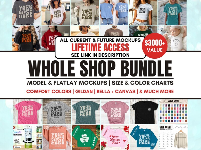 May include: A collage of images showcasing a variety of t-shirt mockups, including different colors, styles, and sizes. The text "Whole Shop Bundle" is displayed in large, bold letters. The text "Model & Flatlay Mockups | Size & Color Charts" is displayed below the main title. The text "Comfort Colors | Gildan | Bella + Canvas | & Much More" is displayed below the second title.
