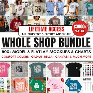 Whole Shop Mockup Bundle | Lifetime Access | Comfort Colors, Gildan, Bella Canvas Mock-up Bundle | Model & Flatlay, Size and Color Charts image 1