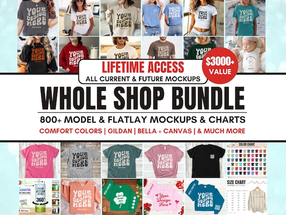 Whole Shop Mockup Bundle | Lifetime Access | Comfort Colors, Gildan, Bella Canvas Mock-up Bundle | Model & Flatlay, Size and Color Charts