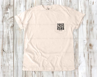 Comfort Colors 6030 Ivory Mockup | Pocket Tee Flat Lay C6030 Mock-Up | Summer Beach Vibes, Boho Wood Floor Flatlay T-Shirt Mock-Up