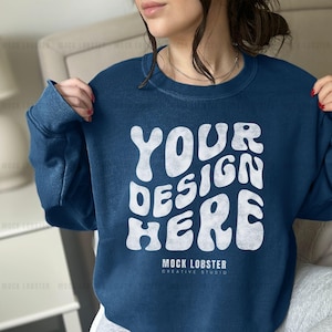 Gildan 18000 Indigo Blue Sweatshirt Mockup | Real Model Mock-Up G180 Crewneck Sweater | Neutral Casual Cozycore Simple Oversized Mock
