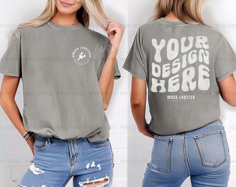 Comfort Colors C1717 Graues Vorder- und Rückenshirt Mockup | CC-1717 T-Shirt Model Mock-Up | Übergroßes Casual Neutral Minimal Tucked Shirt Mock
