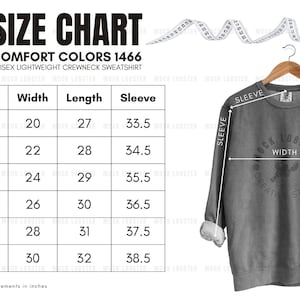 Komfort Farben 1466 Größentabelle | Leichtes Sweatshirt Größentabelle mit C1466 Pepper Hanger Mockup auf weißem Hintergrund | CC 1466 Größentabelle