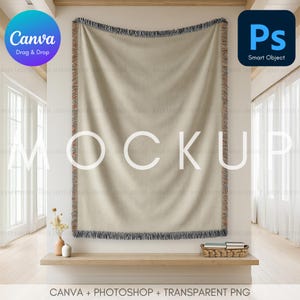 May include: A beige woven blanket with a fringed border is displayed on a white wall. The blanket is the focal point, with the word "MOCKUP" overlaid. The image includes the Canva and Photoshop logos.