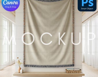 Woven Blanket Mockup | Printify Woven Throw Blanket Mock-Up for POD | Canva Template + PSD Smart Object + PNG | Modern Home Decor Design