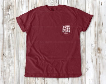Comfort Colors 6030 Chili Mockup | Pocket Tee Flat Lay C6030 Mock-Up | Summer Beach Vibes, Boho Wood Floor Flatlay T-Shirt Mock-Up