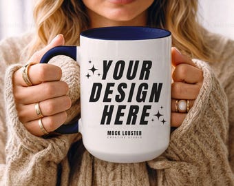 Navy Accent Mug Mockup | Navy Handle Mug Model Mock-Up, 15oz Two-Tone Ceramic Colorful Mug Neutral Cozy Boho Aesthetic Coffee Cup Mockup