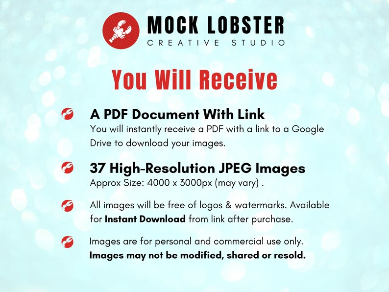 May include: A digital illustration of a red lobster with the text "MOCK LOBSTER CREATIVE STUDIO" above it. The text "You Will Receive" is in large red letters. Below the text are four bullet points with red lobster icons. The bullet points list the following: A PDF document with a link to download images, 37 high-resolution JPEG images, approximately 4000 x 3000 pixels, all images are free of logos and watermarks, and images are for personal and commercial use only. The text "Images may not be modified, shared or resold." is in bold red letters.
