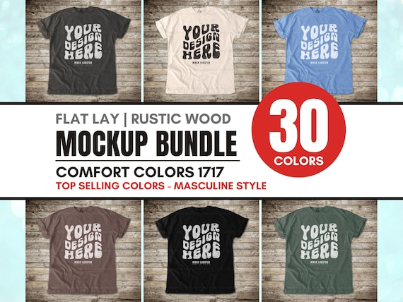 Comfort Colors 1717 Mockup Bundle | Flat Lay Rustic Wood Floor C1717 Masculine Style Flatlay Bundle, Men's T-Shirt Rugged Mock-Up Bundle