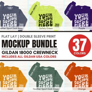 May include: A mockup bundle of 37 Gildan 18000 crewneck sweatshirts in various colors. The sweatshirts are laid flat with the sleeves folded back, showing the front of the shirts. The text "YOUR DESIGN HERE" is printed on each shirt in a retro font.