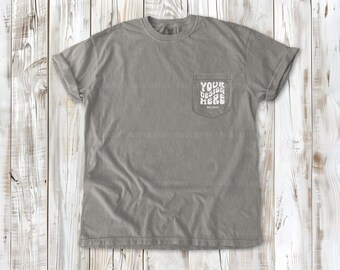 Comfort Colors 6030 Grey Mockup | Pocket Tee Flat Lay C6030 Mock-Up | Summer Beach Vibes, Boho Wood Floor Flatlay T-Shirt Mock-Up