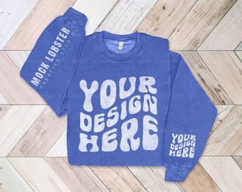 Gildan 18000 Sleeve Mockup Heather Sport Royal | Double Sleeve Print G180 Sweatshirt Flat Lay, Herringbone Wood Floor Folded Mock-Up