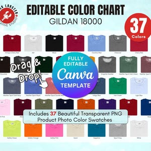 Carta de colores Gildan 18000 / Plantilla Canva editable, Guía de colores de carta de colores G180, Fotos PNG de 37 colores, Carta de marca personalizada