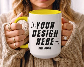 Yellow Accent Mug Mockup | Yellow Handle Mug Model Mock-Up, 15oz Two-Tone Ceramic Colorful Mug Neutral Cozy Boho Aesthetic Coffee Cup Mockup