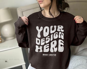 Gildan 18000 Dark Chocolate Sweatshirt Mockup | Real Model Mock-Up G180 Crewneck Sweater | Neutral Casual Cozycore Simple Oversized Mock