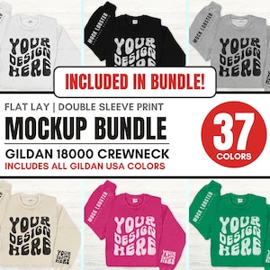May include: Mockup bundle of 37 Gildan 18000 crewneck sweatshirts in various colors. The sweatshirts are flat lay with double sleeve print and feature the text "Your Design Here" in a retro font.