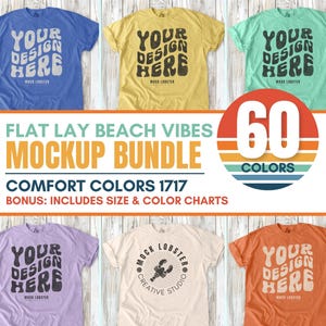 Comfort Colors 1717 Mockup Bundle | Flat Lay C1717 Beach Vibes, Boho Wood Floor T-Shirt Mock-Up Bundle, Size & Color Charts, Flatlay Mocks