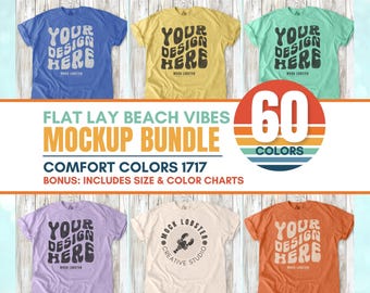 Comfort Colors 1717 Mockup Bundle | Flat Lay C1717 Beach Vibes, Boho Wood Floor T-Shirt Mock-Up Bundle, Size & Color Charts, Flatlay Mocks