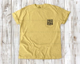 Comfort Colors 6030 Butter Mockup | Pocket Tee Flat Lay C6030 Mock-Up | Summer Beach Vibes, Boho Wood Floor Flatlay T-Shirt Mock-Up