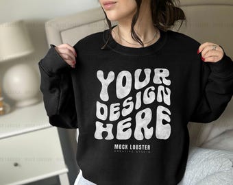 Gildan 18000 Black Sweatshirt Mockup | Real Model Mock-Up G180 Crewneck Sweater | Neutral Casual Cozycore Simple Oversized Mock