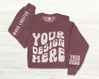 Gildan 18000 Sleeve Mockup Heather Sport Dark Maroon Flat Lay Sweatshirt | Double Sleeve Print Flatlay Mock-Up, Gildan G180 Crew Folded Mock