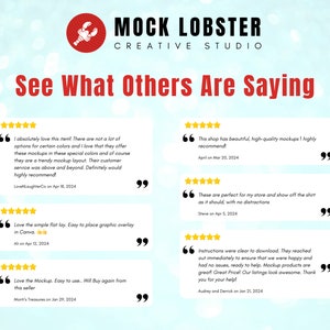 May include: A collage of five customer reviews with five-star ratings for a shop selling mockups. The reviews highlight the high quality, ease of use, and excellent customer service of the shop. The shop's name is "Mock Lobster Creative Studio".