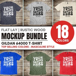 May include: Mockup bundle of 18 different colored t-shirts, featuring a flat lay on a rustic wood background. The t-shirts are Gildan 64000, with the text "YOUR DESIGN HERE" printed on each shirt.