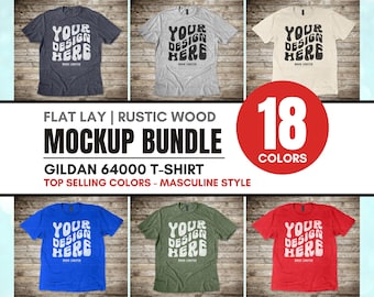 Gildan 64000 Mockup Bundle | Flat Lay G640 Masculine Style, Rustic Wood Floor, Softstyle Unrolled Open Sleeves, Men's T-Shirt Mock-Up Bundle
