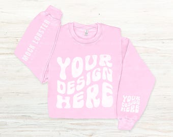 Gildan 18000 Sleeve Mockup Light Pink Flat Lay Sweatshirt | Left & Right Sleeve Print Flatlay Mock-Up, Gildan G180 Crew Floor Fold Mock