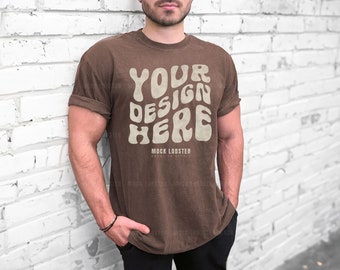 Comfort Colors 1717 Male Mockup Espresso | Model Mock-Up Urban Photo C1717 Espresso Mens Shirt, Manly Mock Tshirt, White Brick Wall