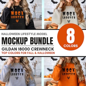Gildan 18000 Halloween Mockup Bundle | G180 Sweatshirt Model Mock-Up, Fall Cozy Oversized Crewneck, Trendy Boho Casual Autumn Sweater Mock