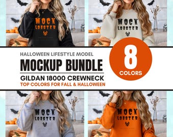 Gildan 18000 Halloween Mockup Bundle | G180 Sweatshirt Model Mock-Up, Fall Cozy Oversized Crewneck, Trendy Boho Casual Autumn Sweater Mock